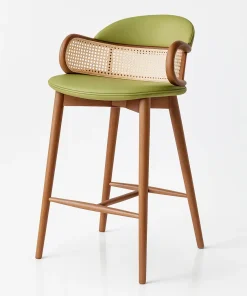 Modern Wooden Bar Stool With Cane Backrest And Armrests