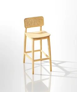 Modern Wooden Bar Stool With Rattan Backrest For Kitchen